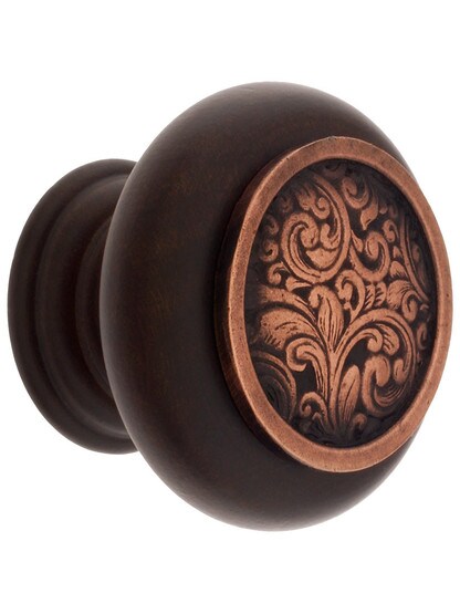 1 1/2 inch Diameter Saddleworth Knob in Dark Walnut/Antique Copper.